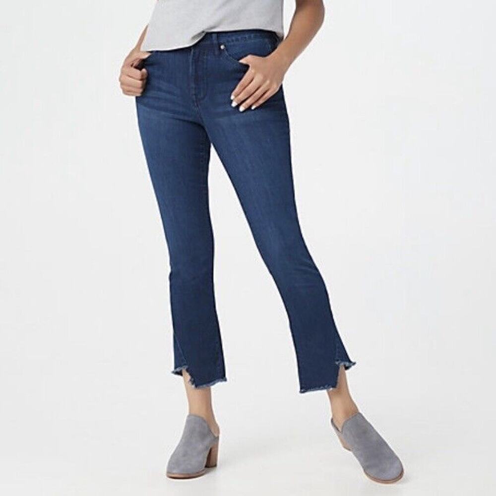 Isaac Mizrahi Live TRUE DENIM Angled Step Hem Jeans 8 30x27 Dark Indigo‎ A366456